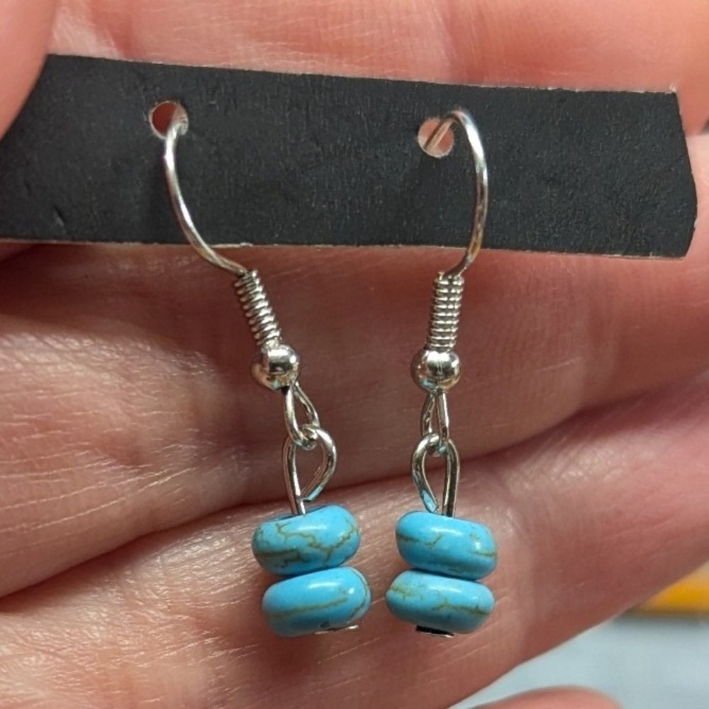 New Faux Turquoise Beadedโ Dangle Earrings Silver Tone Hook Boho Southwestern